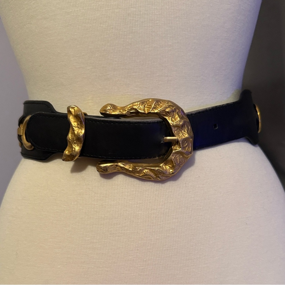 Vintage 80s Sculptural Gold Buckle Wide Black Leather Statement Belt – Power Era